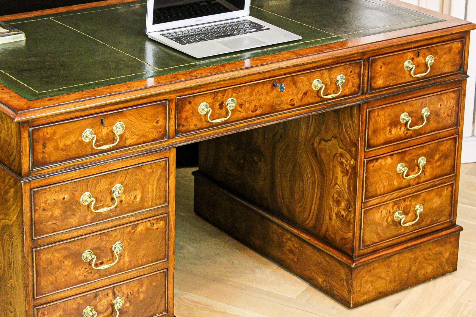 photo for sale Antique Burr Walnut Pedestal Partners Leather Top Desk, Captains Chair & Cabinet