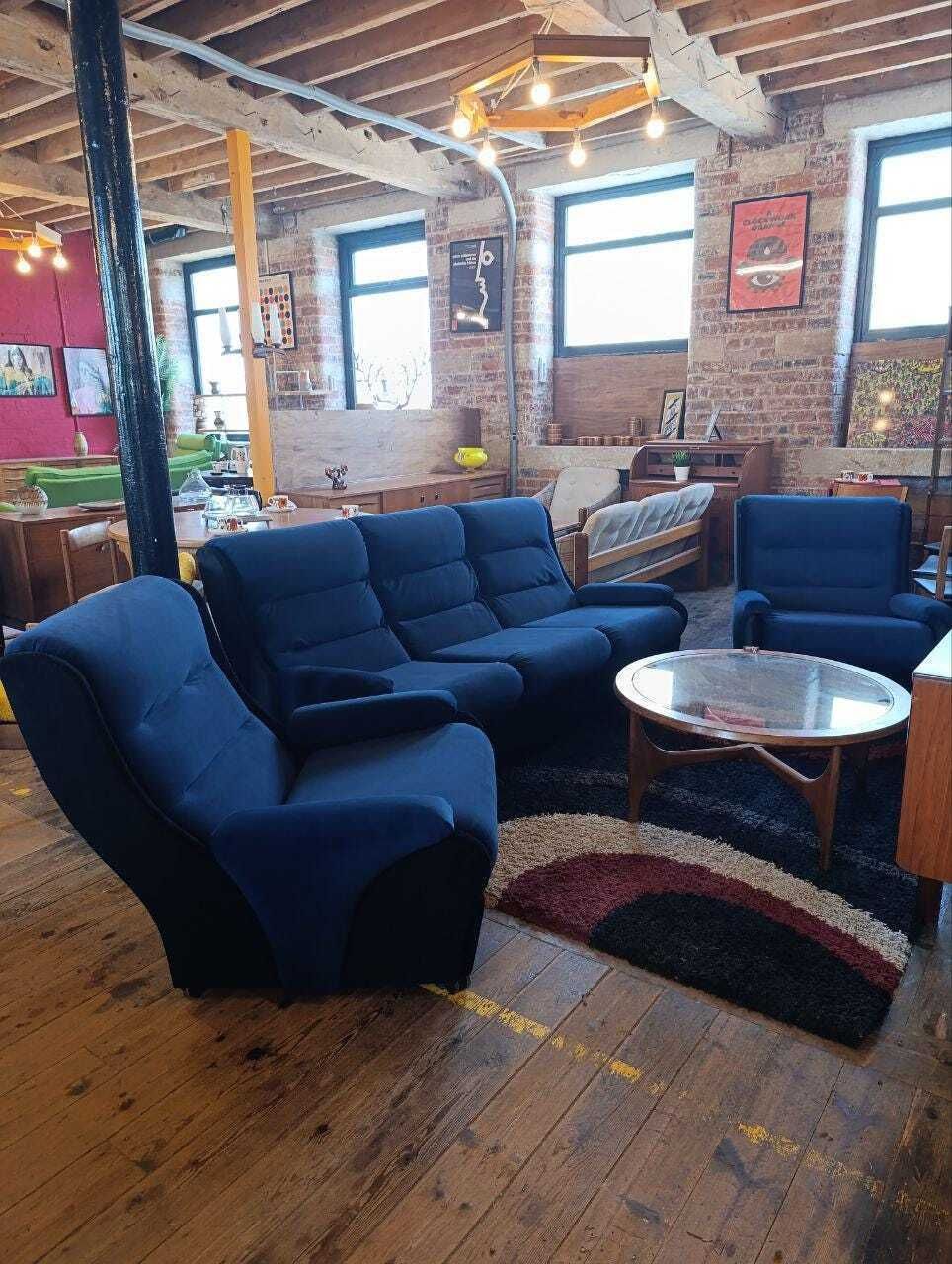 Vintage 1970s Mid Century Three Piece Suite   Ocean Blue & Black Velvet   Newly Upholstered photo furniture