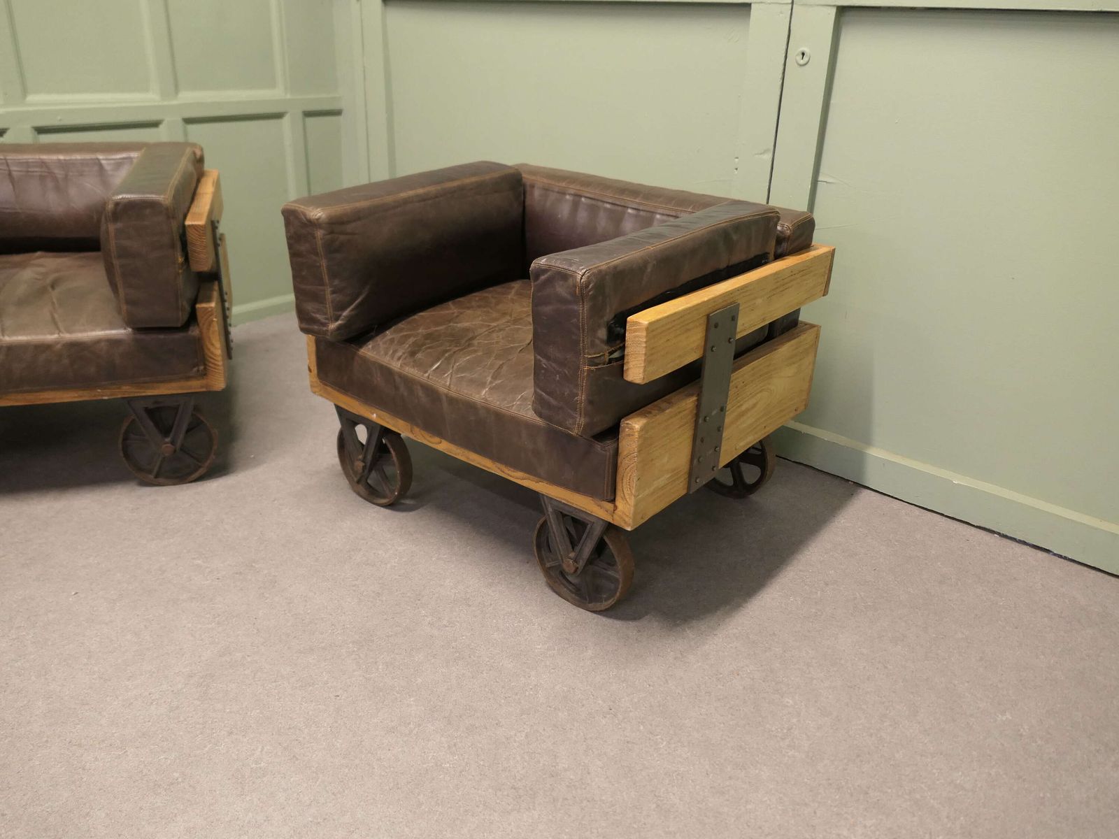 A Pair Of Wood Framed Industrial Designer Club Chairs The Chairs Have Solid Wooden Frames photo furniture