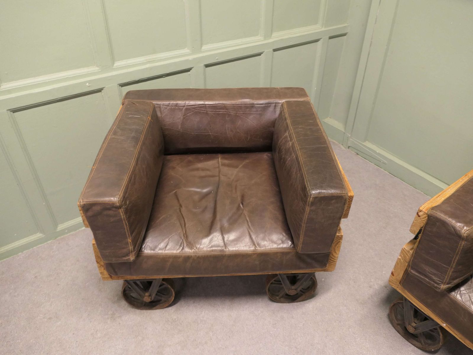 A Pair Of Wood Framed Industrial Designer Club Chairs The Chairs Have Solid Wooden Frames photo Furniture