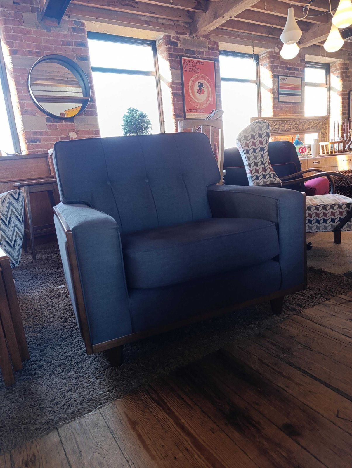 G Plan Vintage Agatha Armchair In Blue Fabric With Walnut Frame photo vinterior