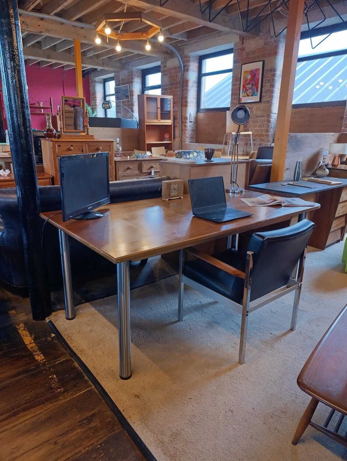 Modernist Italian Desk 1990s Teak And Polished Chrome
