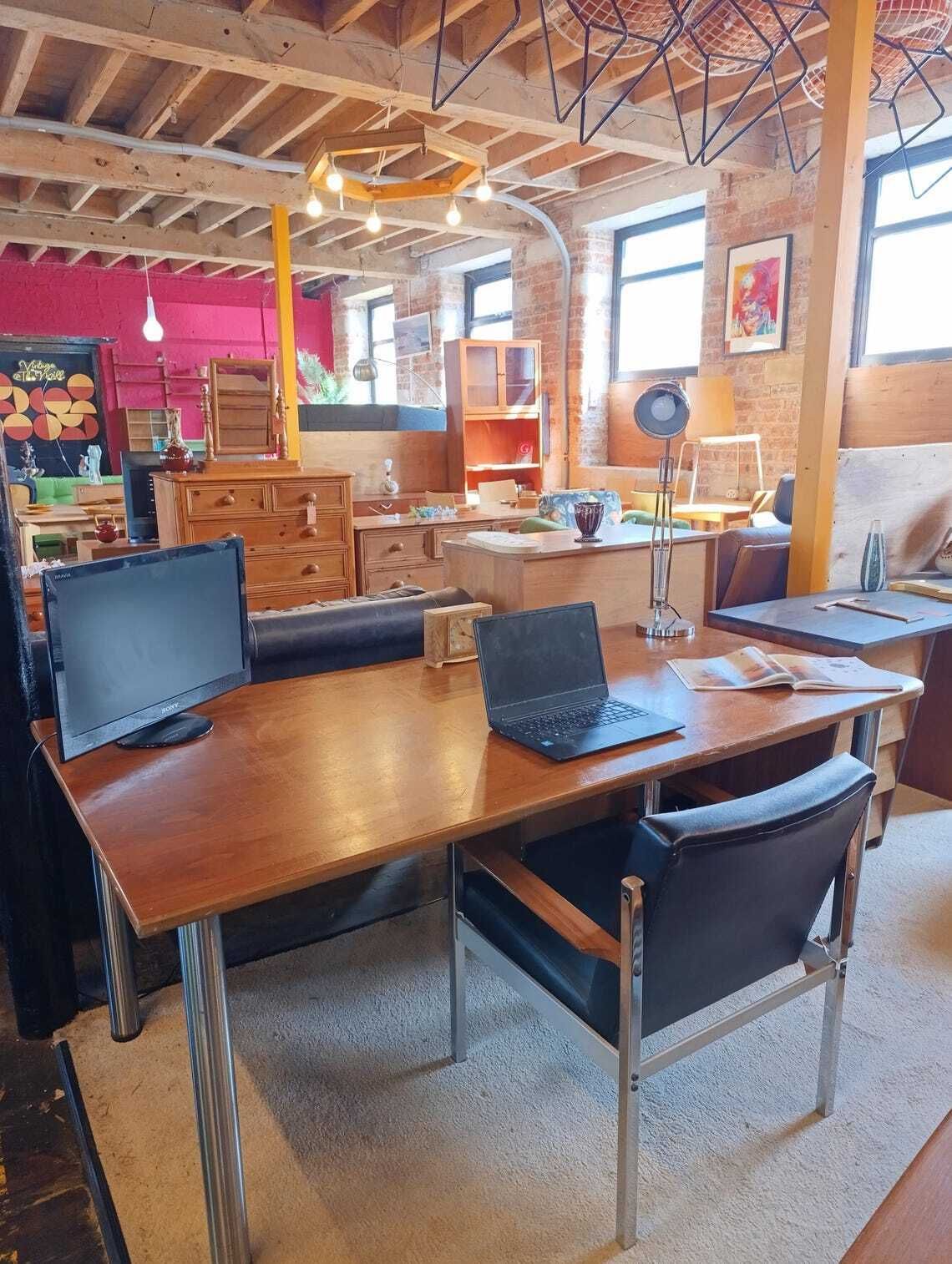 Modernist Italian Desk 1990s Teak And Polished Chrome photo for sale
