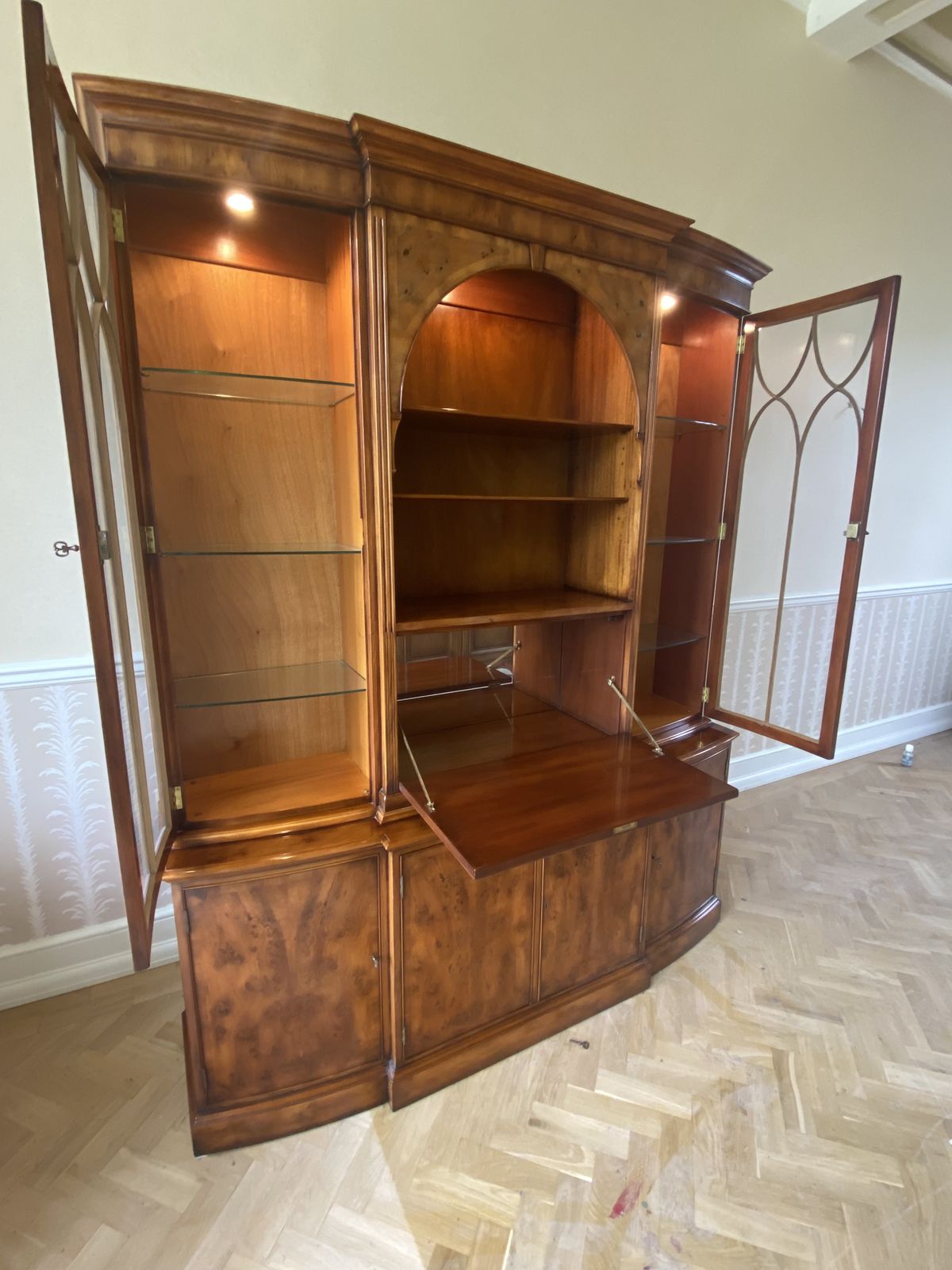 Exceptional Grand Vintage English Yew Wood Breakfront Display Cabinet By G.T. Rackstraw, 1980s photo furniture