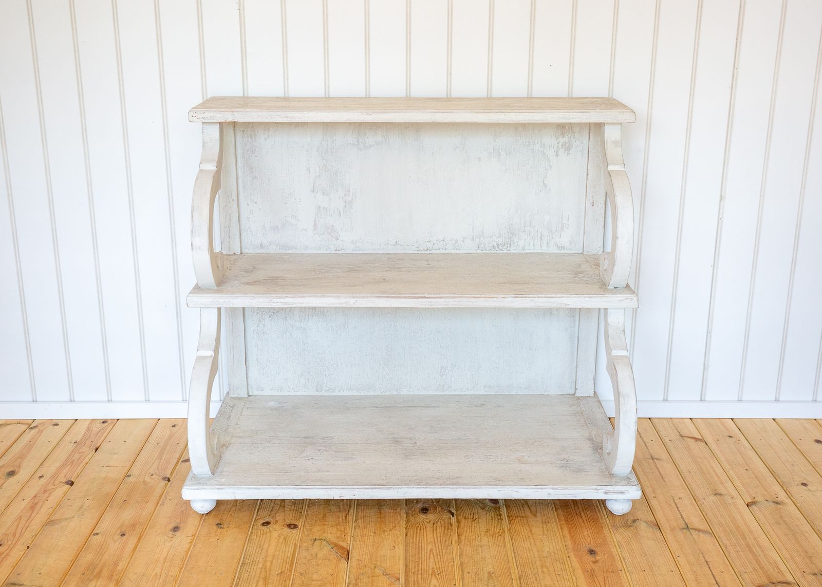 French Waterfall Shelving Unit Bookcase Display Media Stand 20c Regency Console White Distressed Painted Floor Standing photo for sale