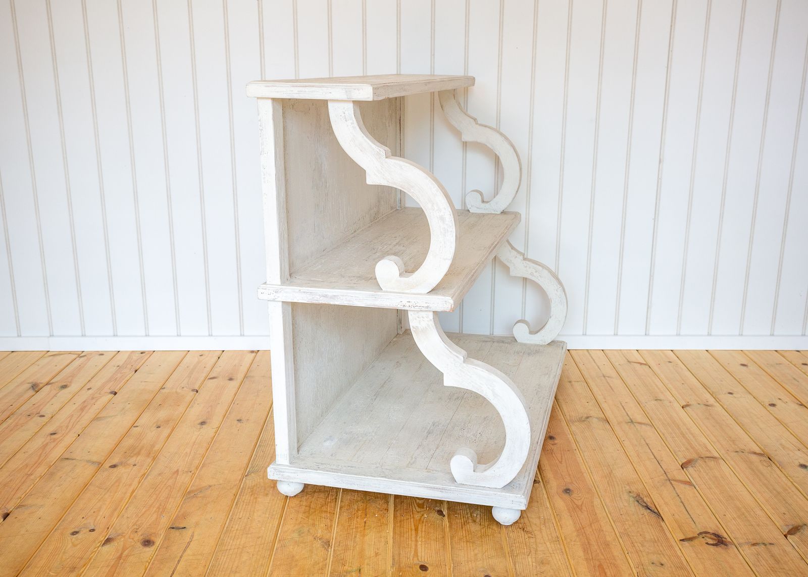 photo furniture French Waterfall Shelving Unit Bookcase Display Media Stand 20c Regency Console White Distressed Painted Floor Standing