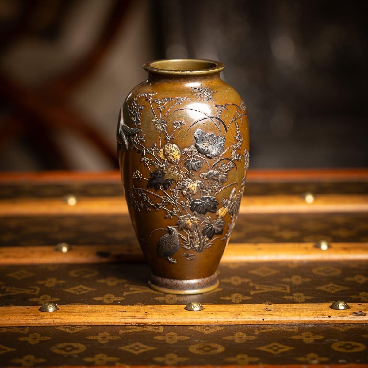 Antique 19thc Japanese Meiji Period Mitsunorian Inlaid Bronze Ovoid Vase C.1890 photo furniture