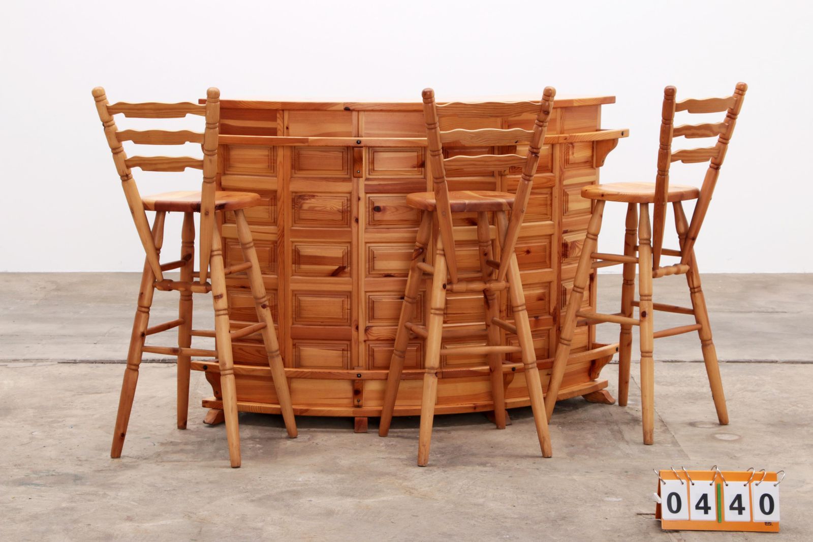 661.0 Brutalist Mid Century Wooden Bar Set With 3 Stools, Netherlands, 1970s photo