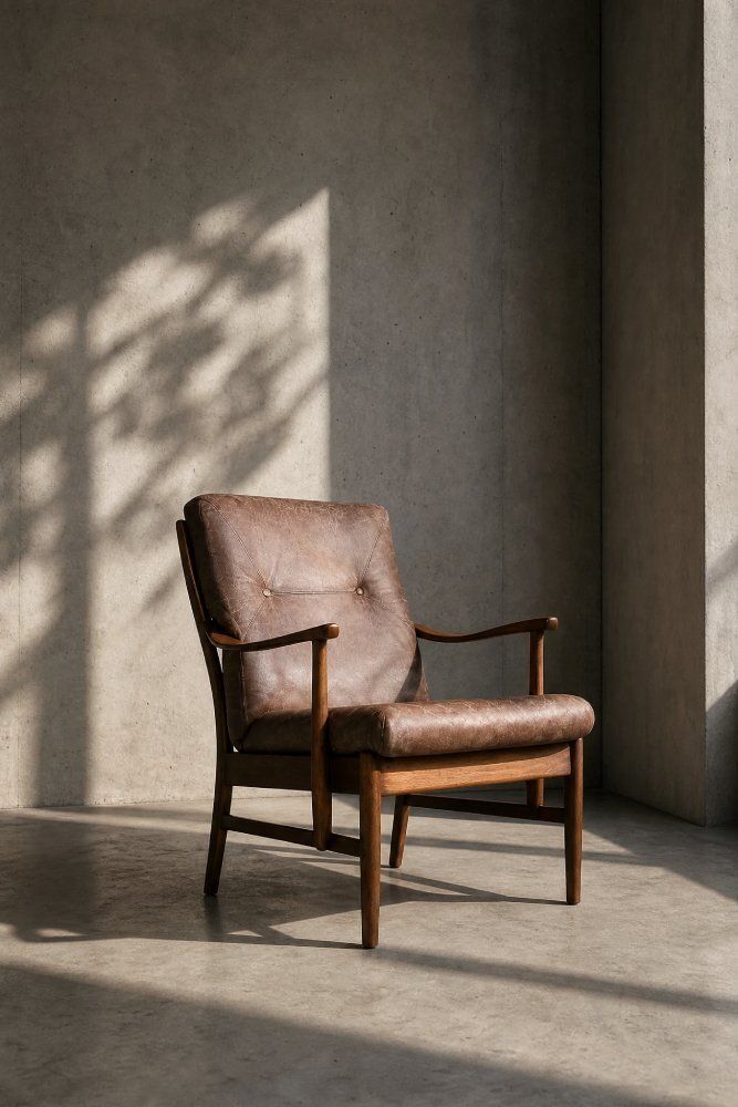 photo vinterior Mid Century Danish Modern Beech And Brown Leather Armchair From Farstrup Møbler, 1970s