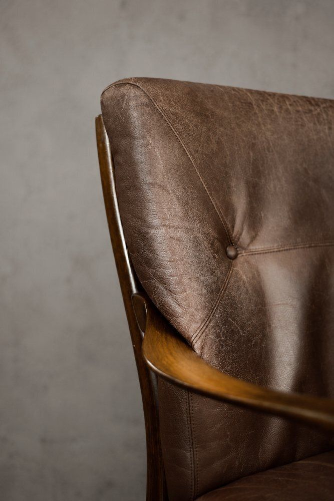 photo vintage Mid Century Danish Modern Beech And Brown Leather Armchair From Farstrup Møbler, 1970s
