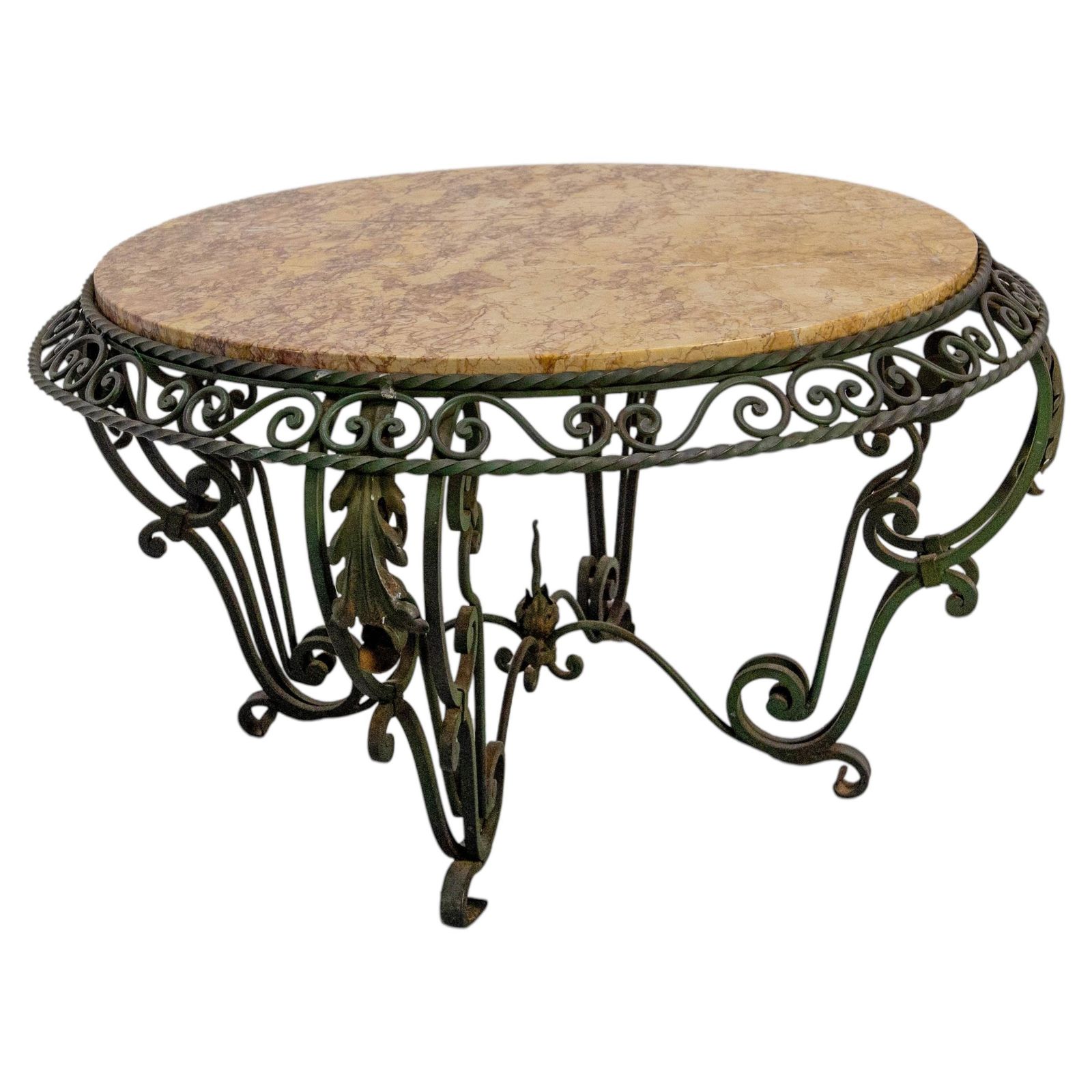 Table basse ronde française, plateau en marbre et fer forgé