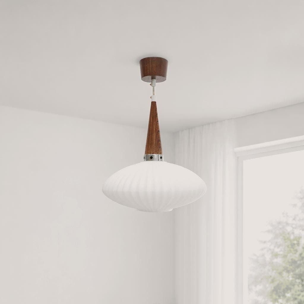 Mid Century Scandinavian Pendant Light, Wenge With Opaline Shade, 1970s.