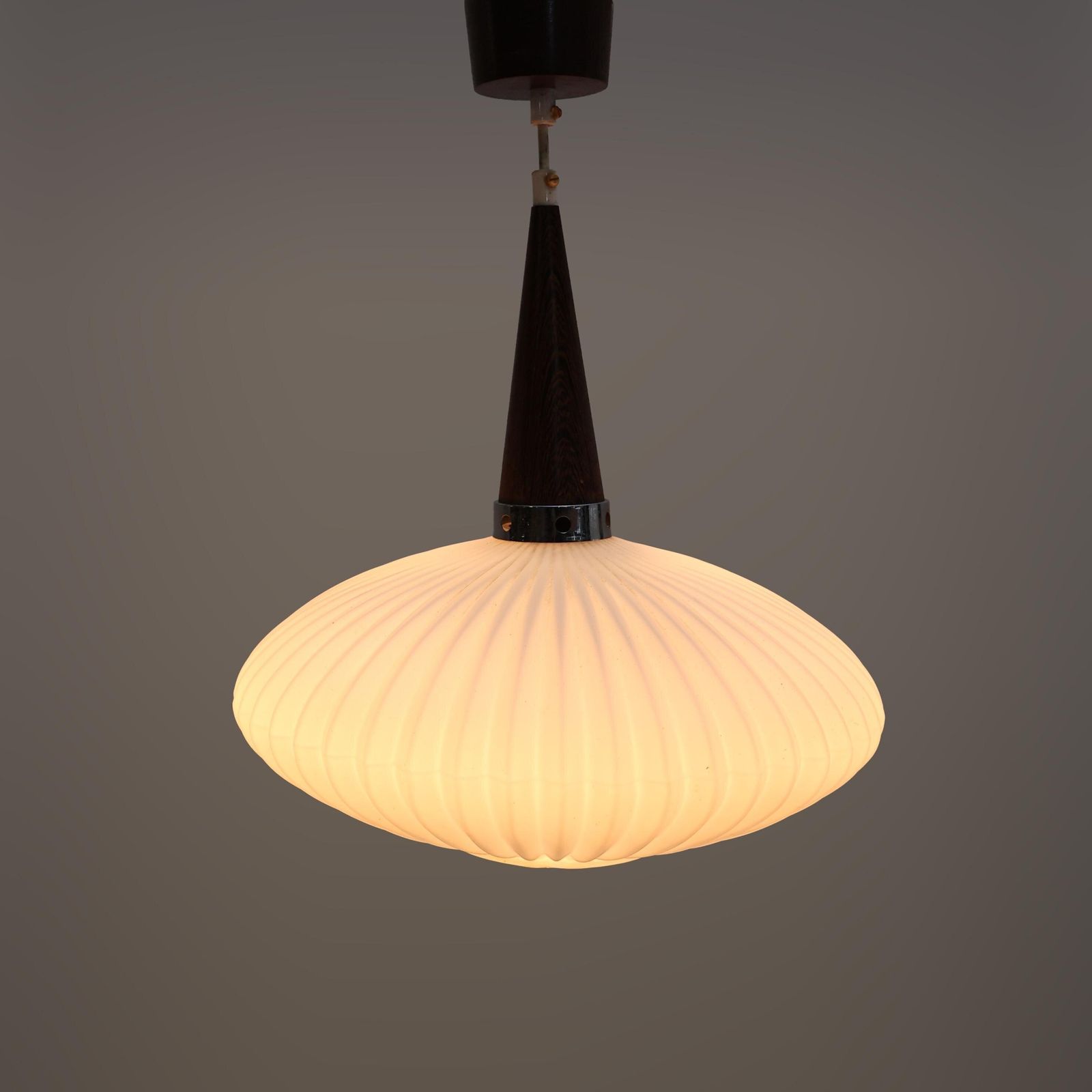Mid Century Scandinavian Pendant Light, Wenge With Opaline Shade, 1970s. photo Lighting