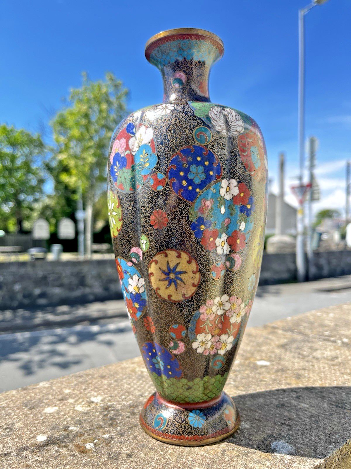Antique Japanese Meiji Period Cloisonne Enamel Floral 8 Lobed Vase T. Komajiro photo for sale