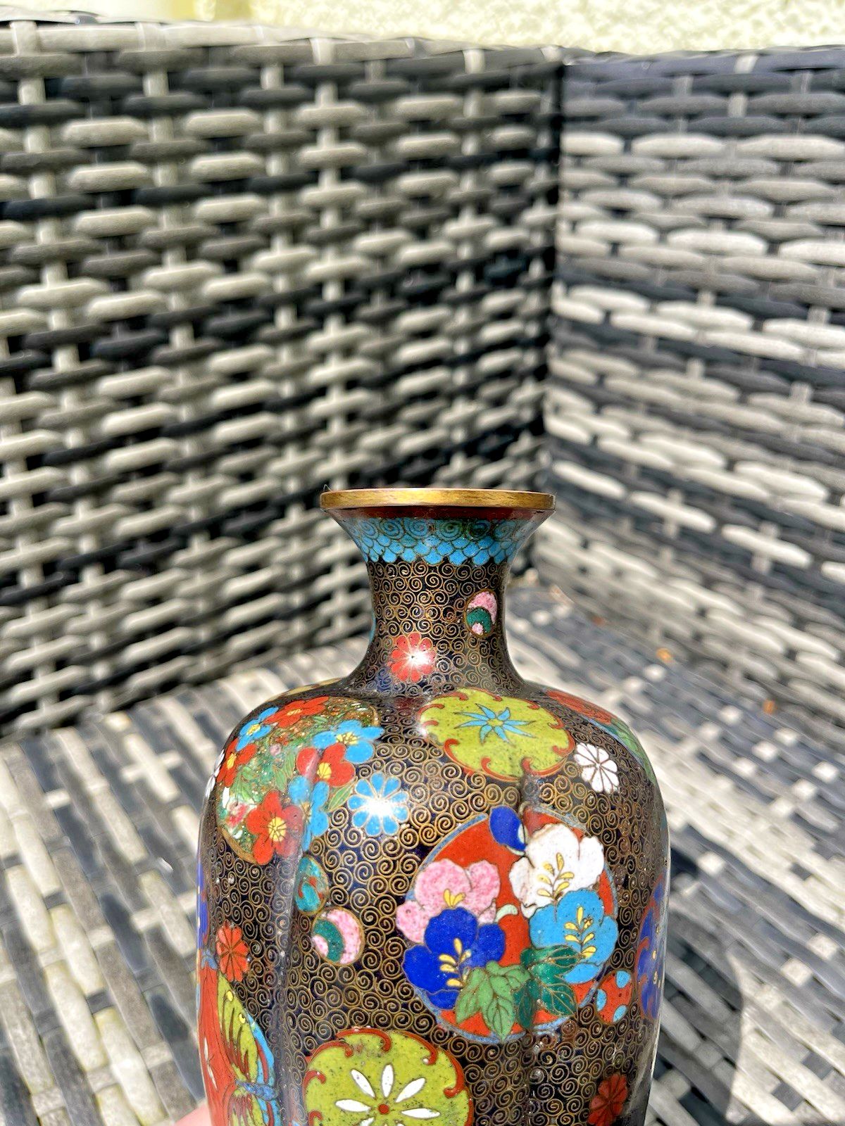 photo for sale Antique Japanese Meiji Period Cloisonne Enamel Floral 8 Lobed Vase T. Komajiro