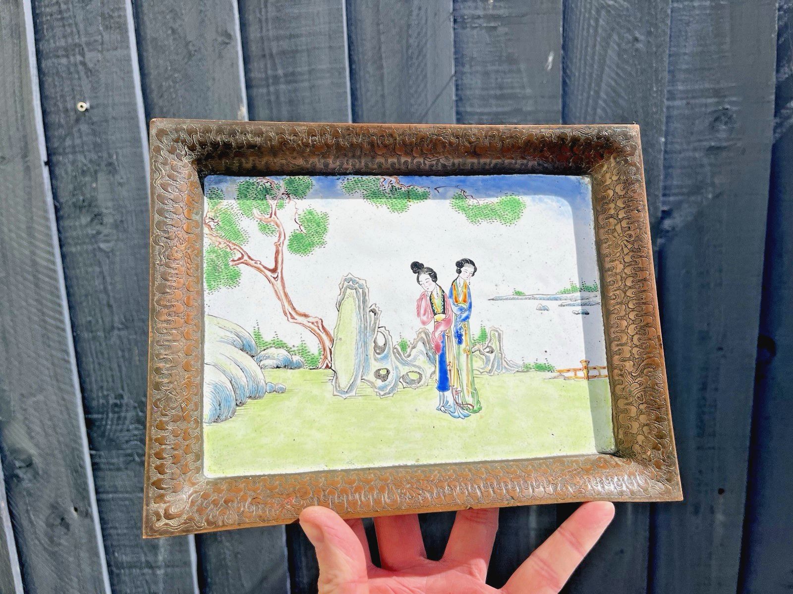 Antique Chinese Enamelled Copper Trinket Tray Hand Painted Figural Garden Scene photo furniture