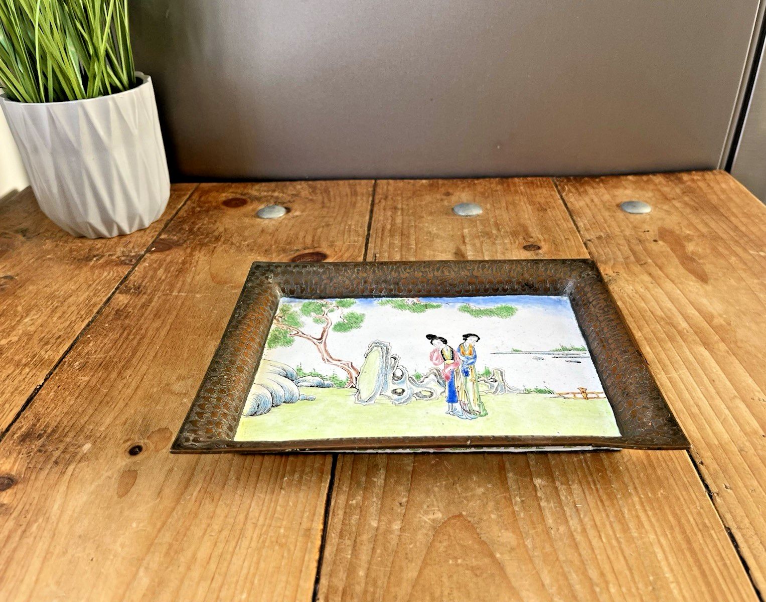 Antique Chinese Enamelled Copper Trinket Tray Hand Painted Figural Garden Scene photo Home Decor