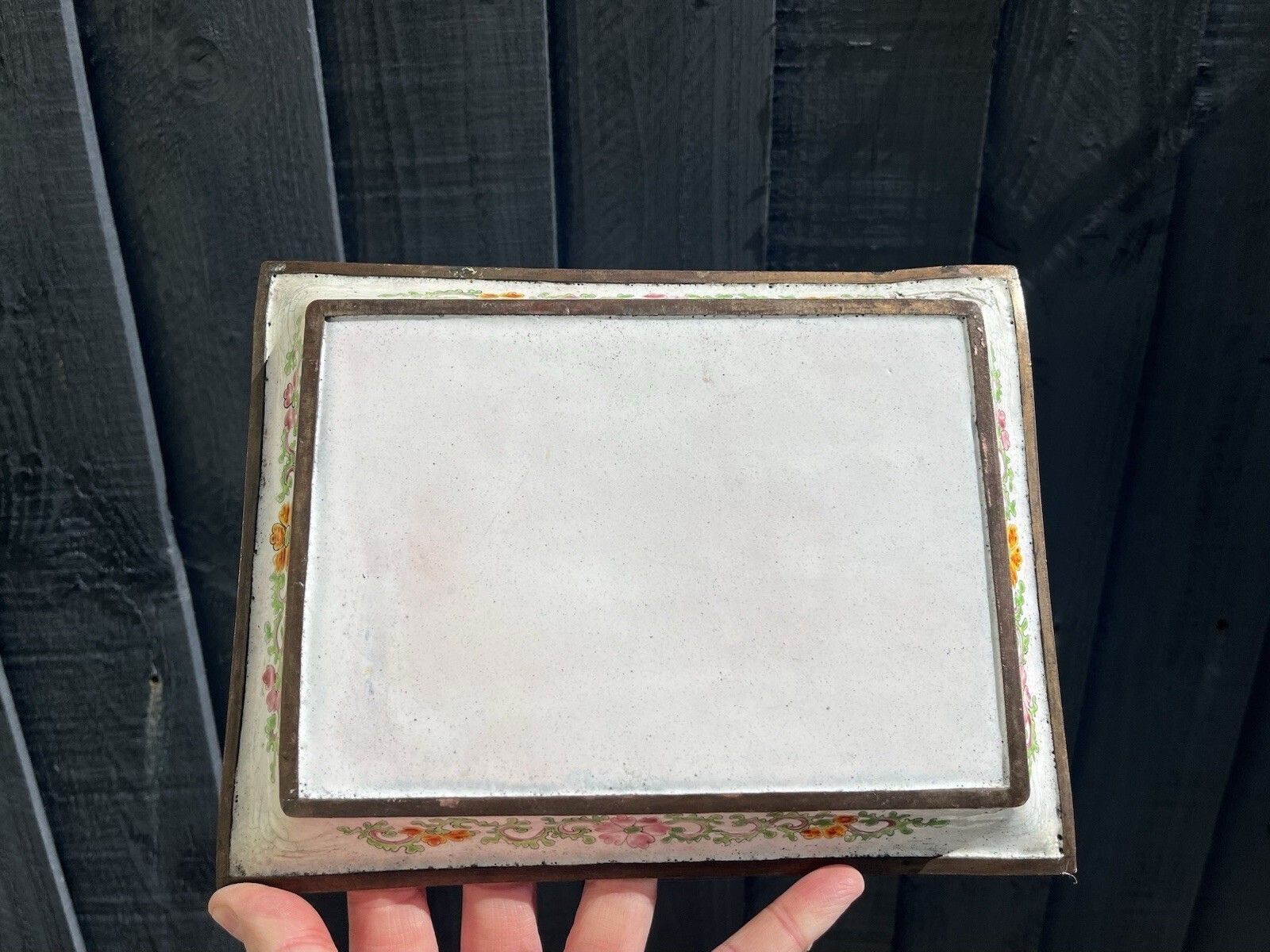 Antique Chinese Enamelled Copper Trinket Tray Hand Painted Figural Garden Scene photo vinterior