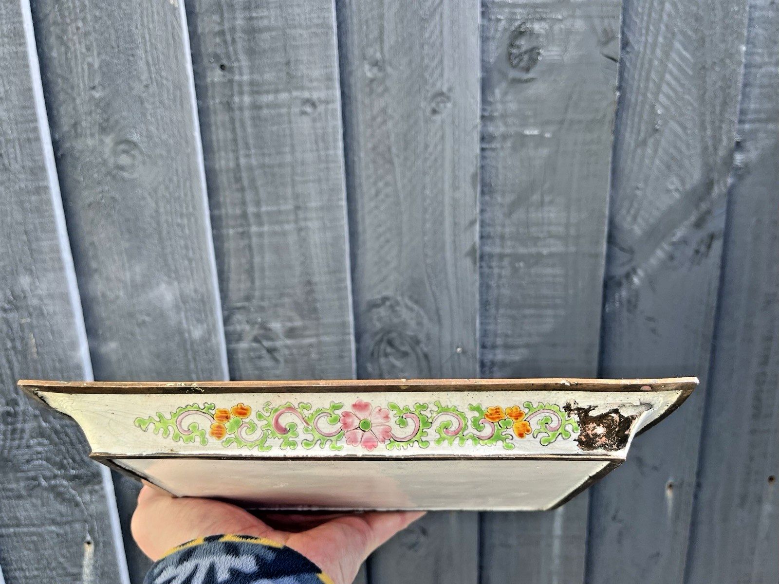 Antique Chinese Enamelled Copper Trinket Tray Hand Painted Figural Garden Scene photo buy
