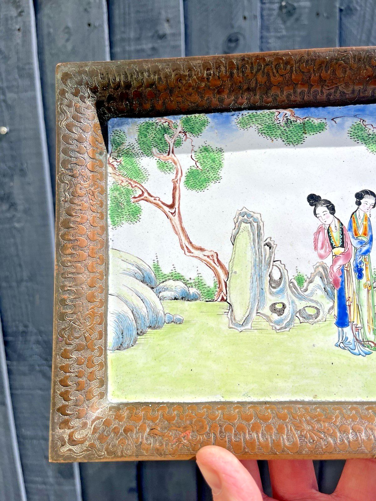 photo vinterior Antique Chinese Enamelled Copper Trinket Tray Hand Painted Figural Garden Scene
