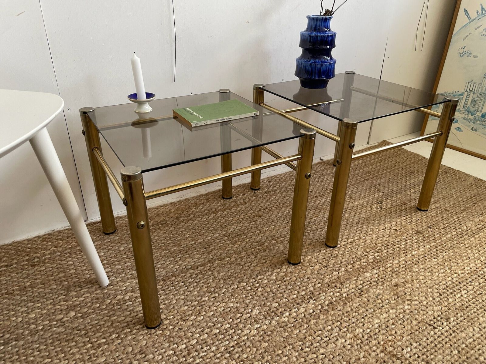 Pair Of Gold Brass Coloured Hollywood Regency Style 1980s Side Or Lamp Tables With Smoked Glass Top photo for sale
