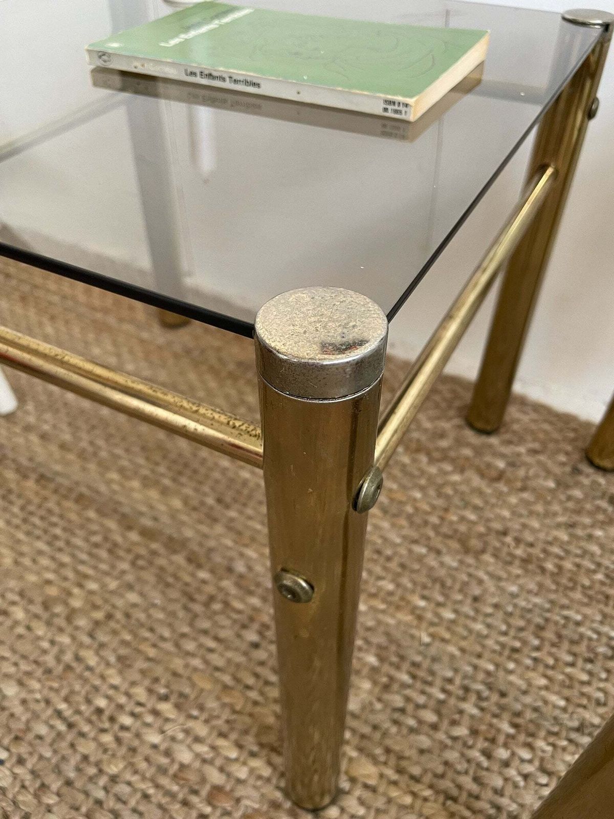 Pair Of Gold Brass Coloured Hollywood Regency Style 1980s Side Or Lamp Tables With Smoked Glass Top photo 157.0