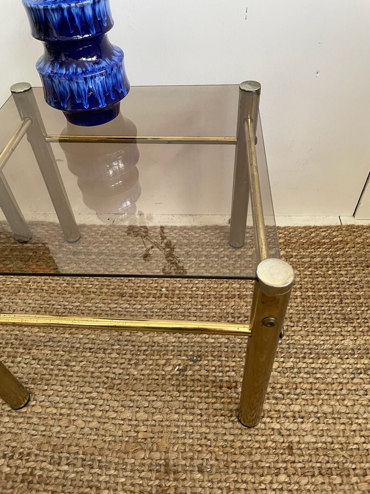 Pair Of Gold Brass Coloured Hollywood Regency Style 1980s Side Or Lamp Tables With Smoked Glass Top photo vinterior