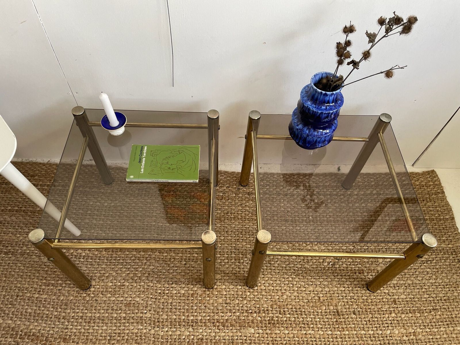photo furniture Pair Of Gold Brass Coloured Hollywood Regency Style 1980s Side Or Lamp Tables With Smoked Glass Top