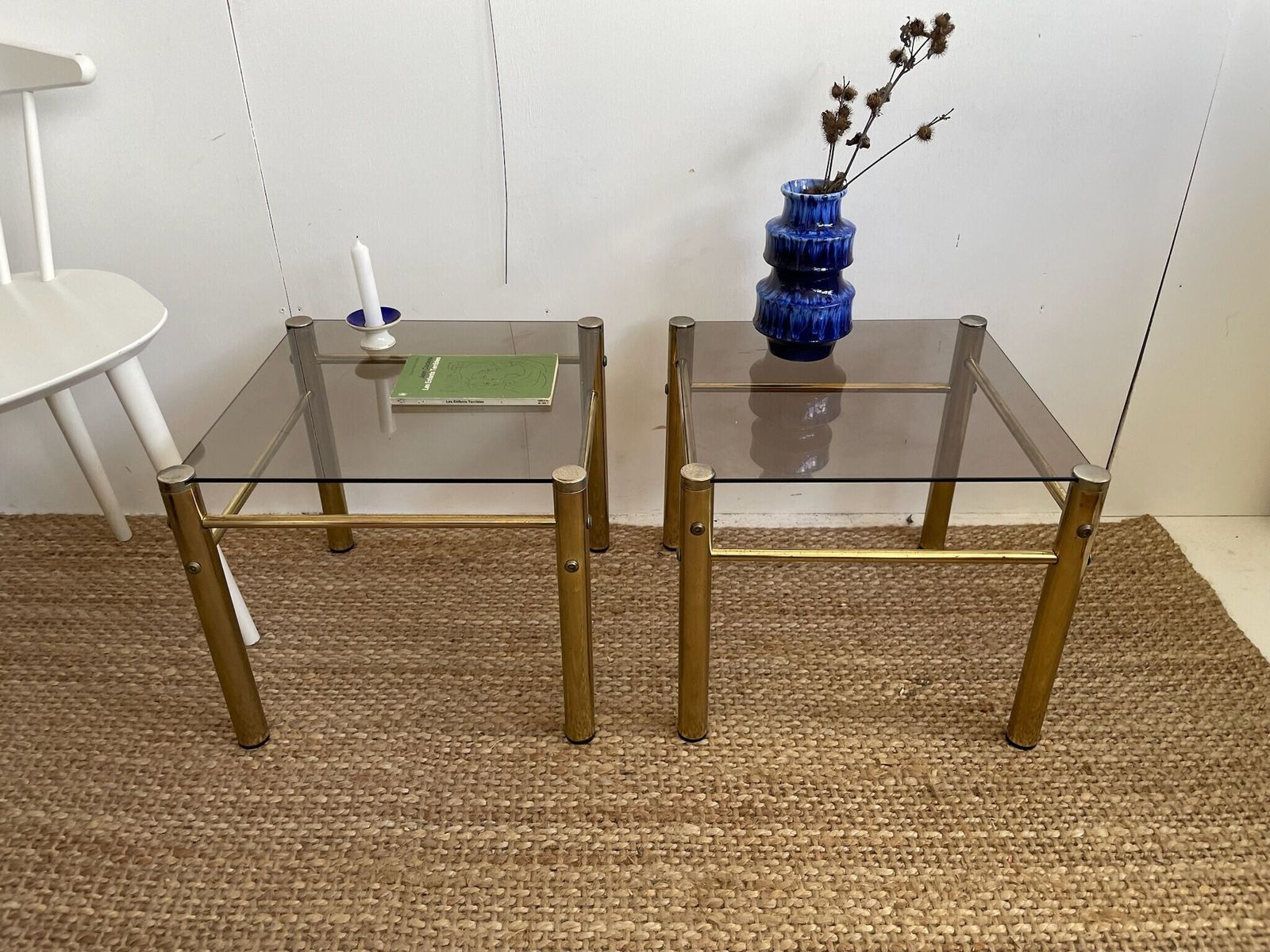 photo for sale Pair Of Gold Brass Coloured Hollywood Regency Style 1980s Side Or Lamp Tables With Smoked Glass Top