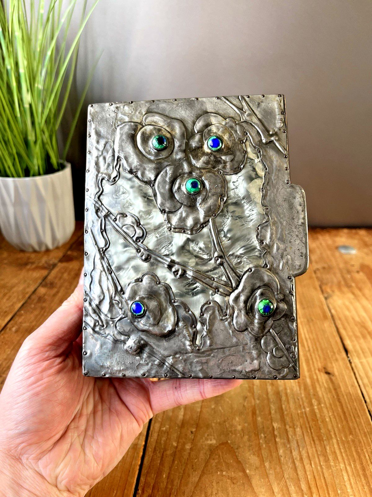 Antique Arts & Crafts Floral Pewter Cabochon Jewelled Trinket Box Art Nouveau
