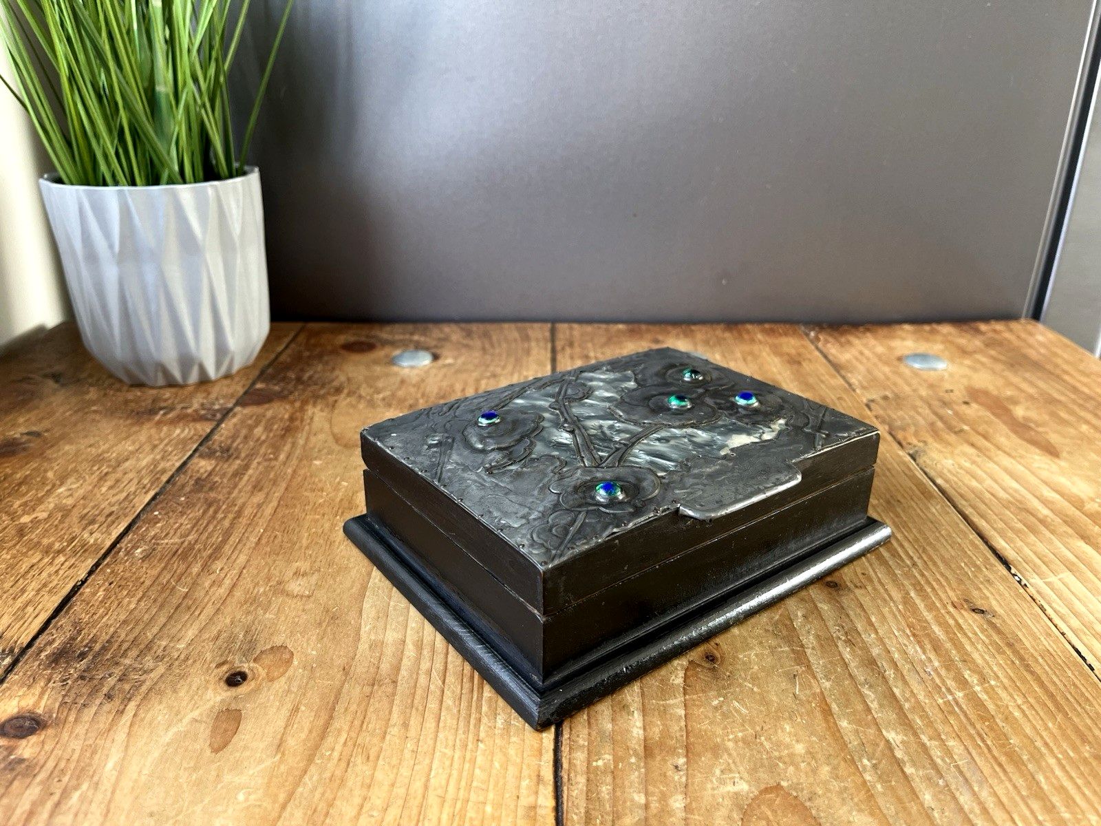 Antique Arts & Crafts Floral Pewter Cabochon Jewelled Trinket Box Art Nouveau photo furniture