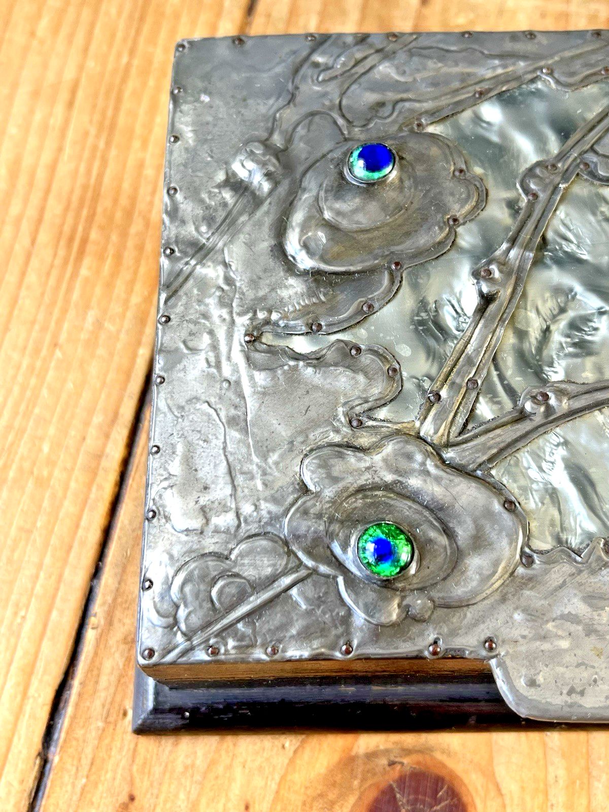 photo for sale Antique Arts & Crafts Floral Pewter Cabochon Jewelled Trinket Box Art Nouveau