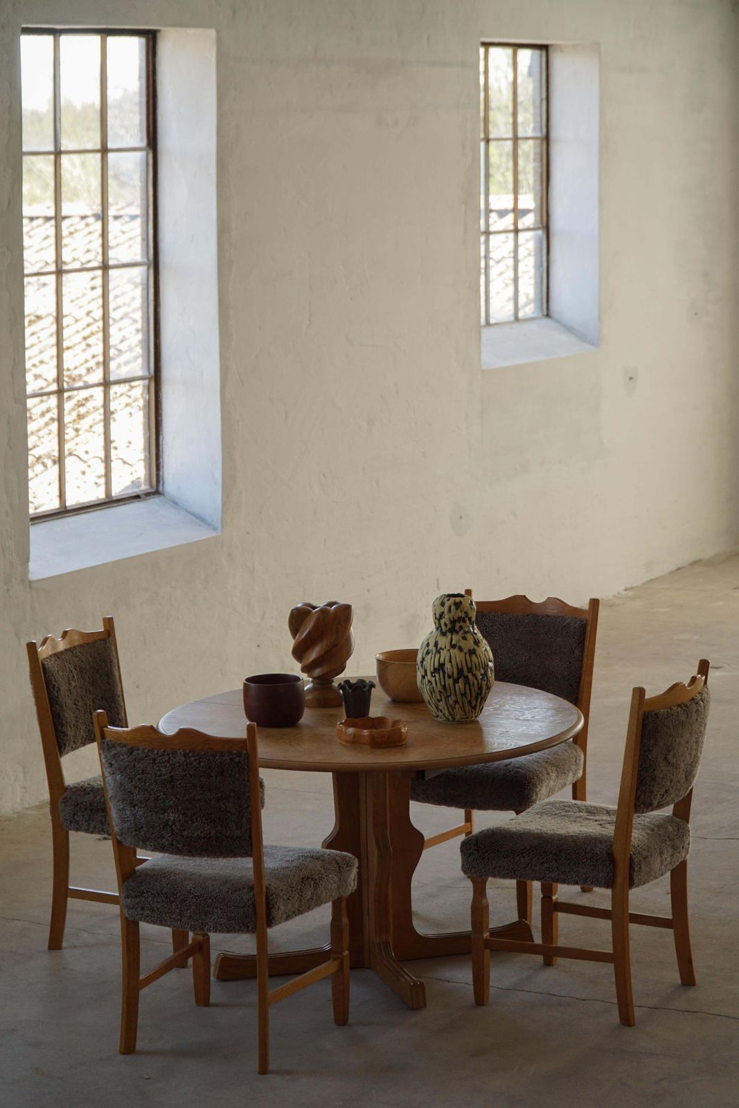 Set Of 8 Danish Modern Dining Chairs In Oak And Lambswool Henning Kjærnulf 1960s photo furniture