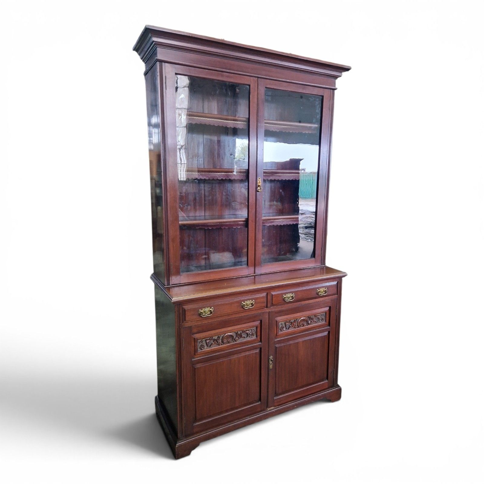 Antique Walnut Bookcase Display Cabinet Glazed Cupboard Carved Edwardian photo furniture