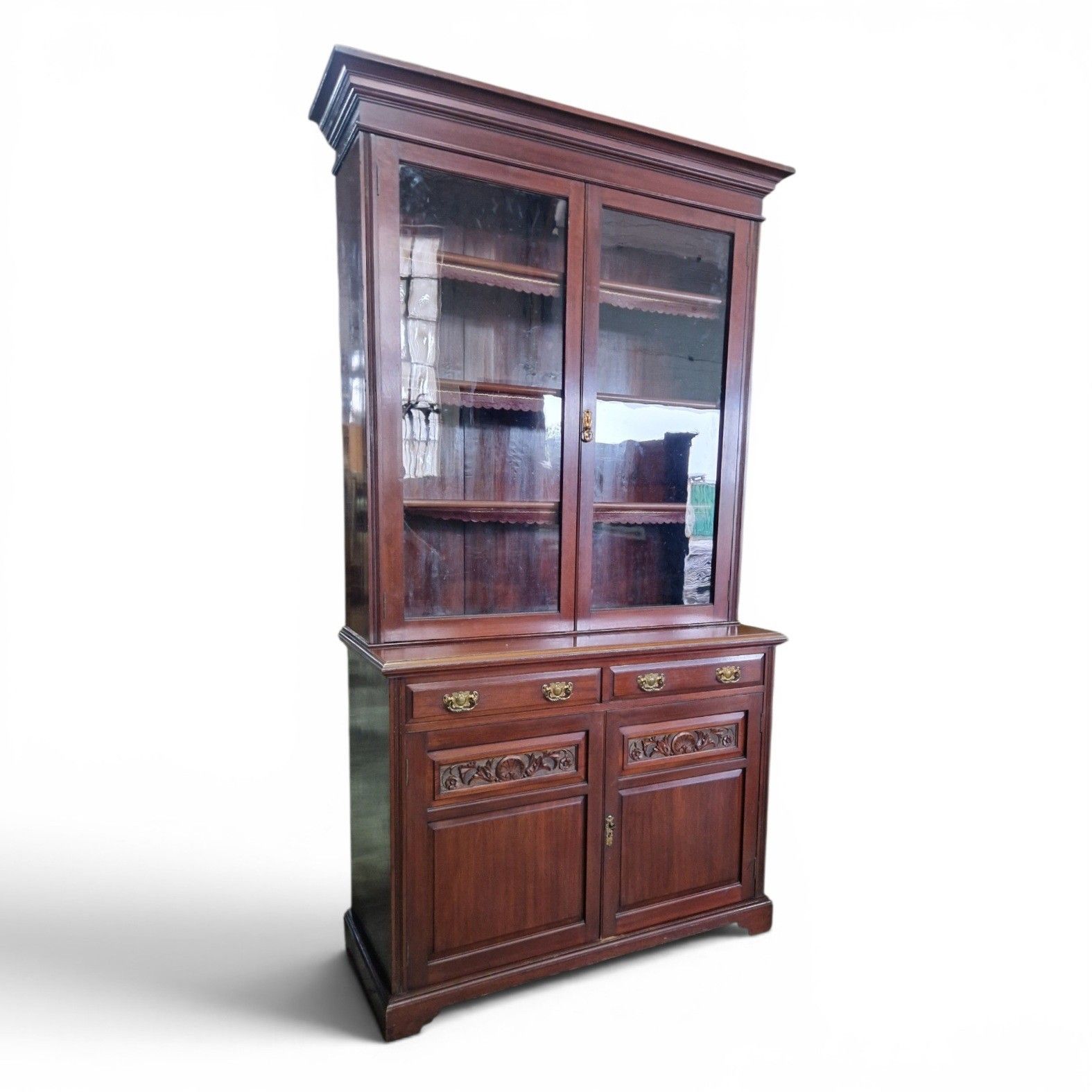 Antique Walnut Bookcase Display Cabinet Glazed Cupboard Carved Edwardian photo for sale
