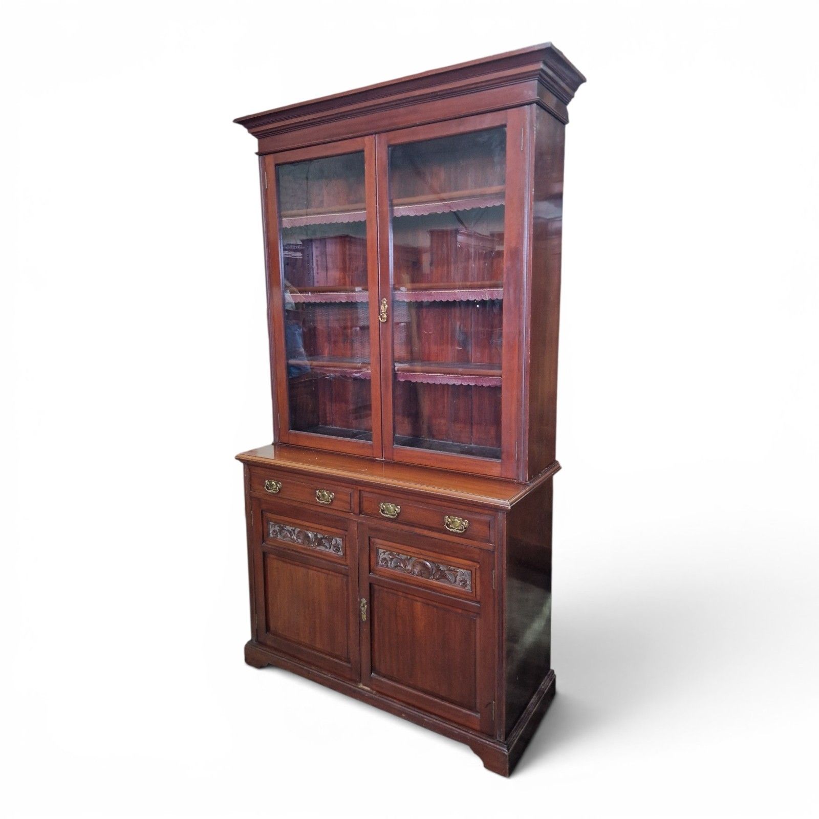 Antique Walnut Bookcase Display Cabinet Glazed Cupboard Carved Edwardian photo Furniture