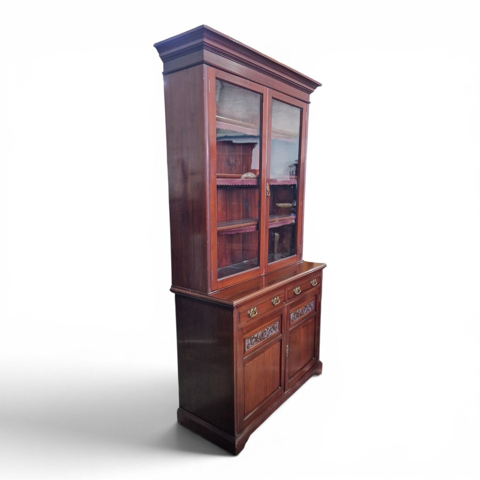 Antique Walnut Bookcase Display Cabinet Glazed Cupboard Carved Edwardian photo buy