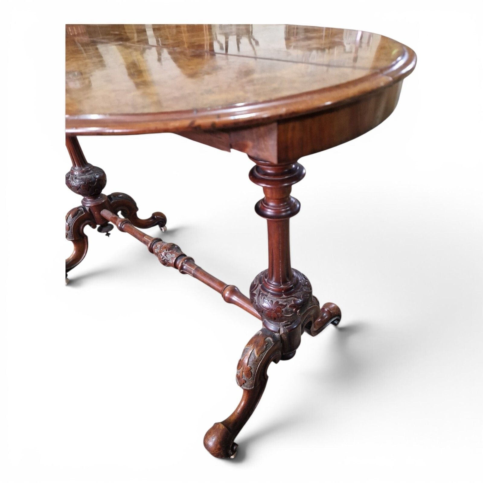 Furniture Antique Victorian Burr Walnut Oval Table Console Desk Centre Table Carved Base photo