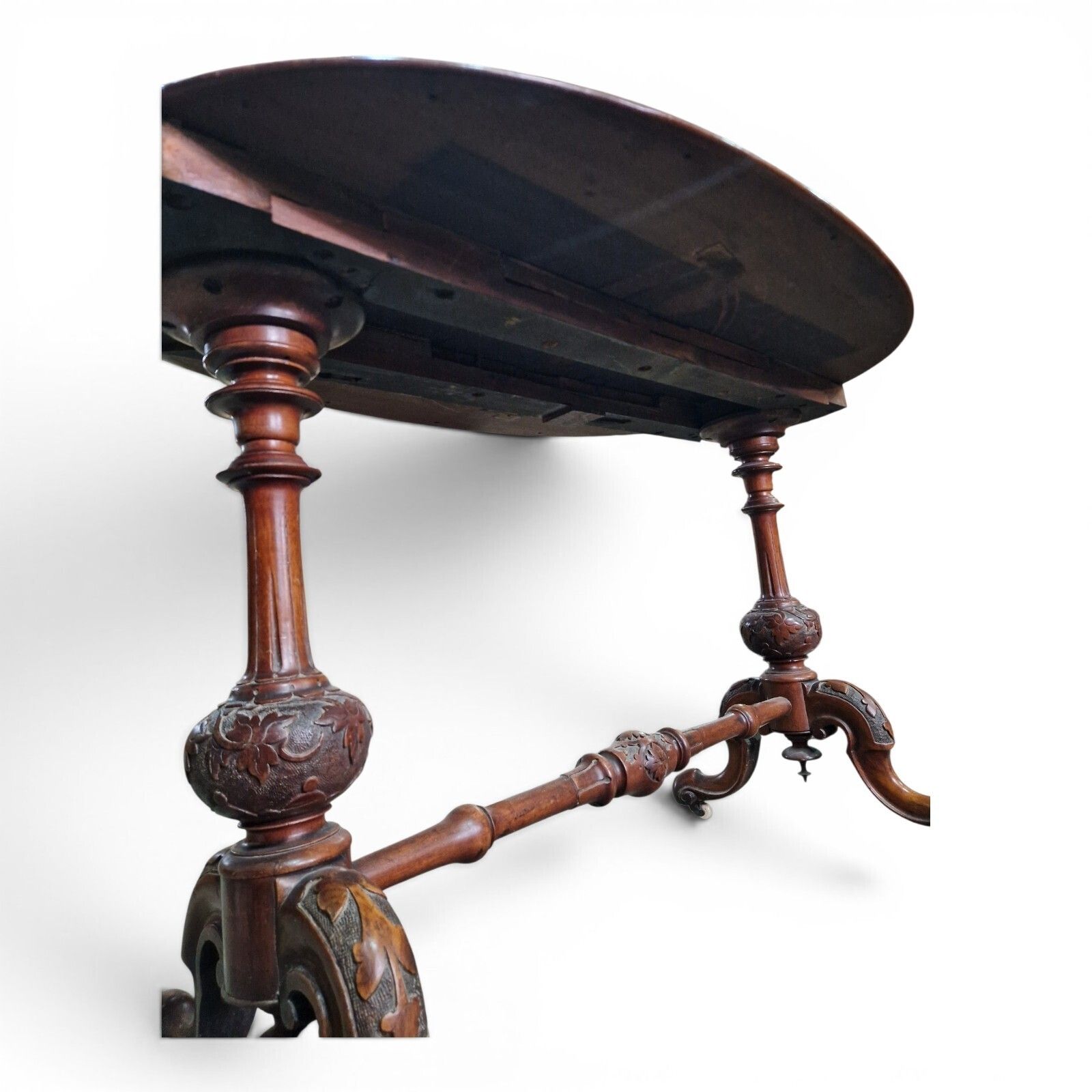 photo vintage Antique Victorian Burr Walnut Oval Table Console Desk Centre Table Carved Base