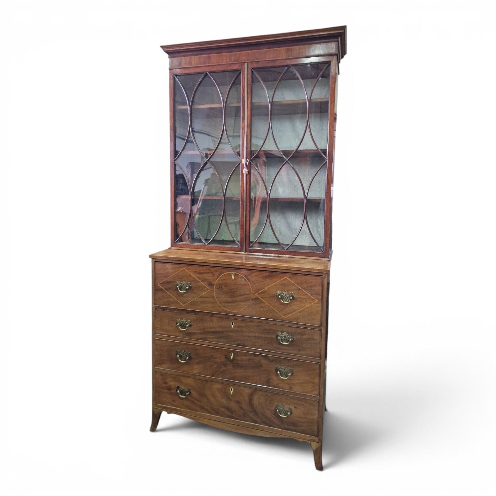 Antique Mahogany Secretaire Bookcase Bureau Display Cabinet Inlaid Writing Desk photo for sale