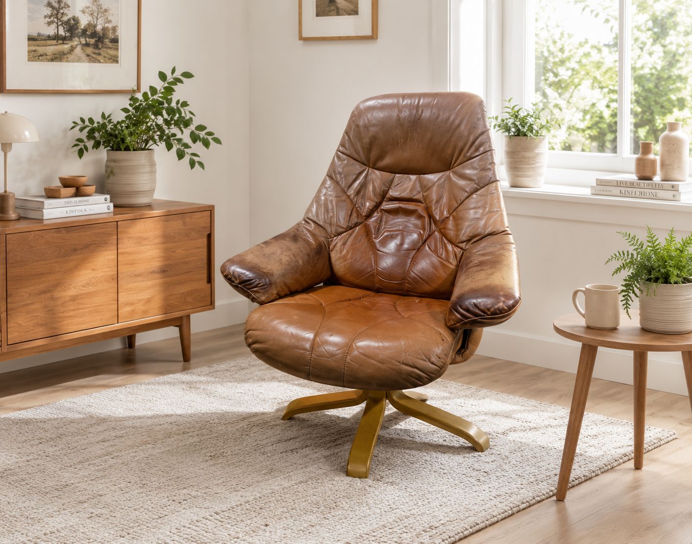 Vintage Leather Swivel Recliner Lounge Chair Danish Style Mid Century Armchair