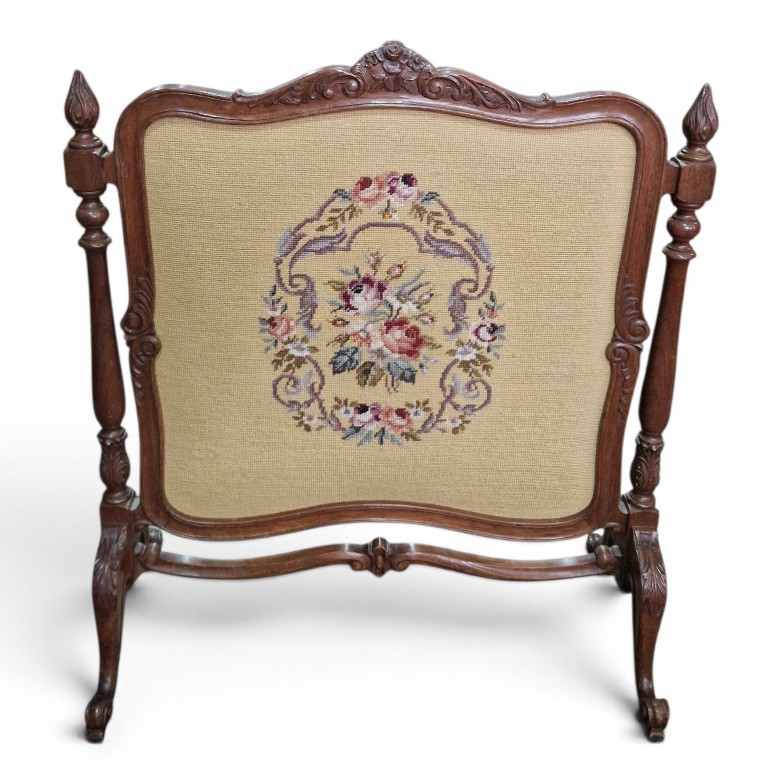 Antique Carved Walnut Firescreen Draught Screen Needlepoint Panel Victorian photo furniture