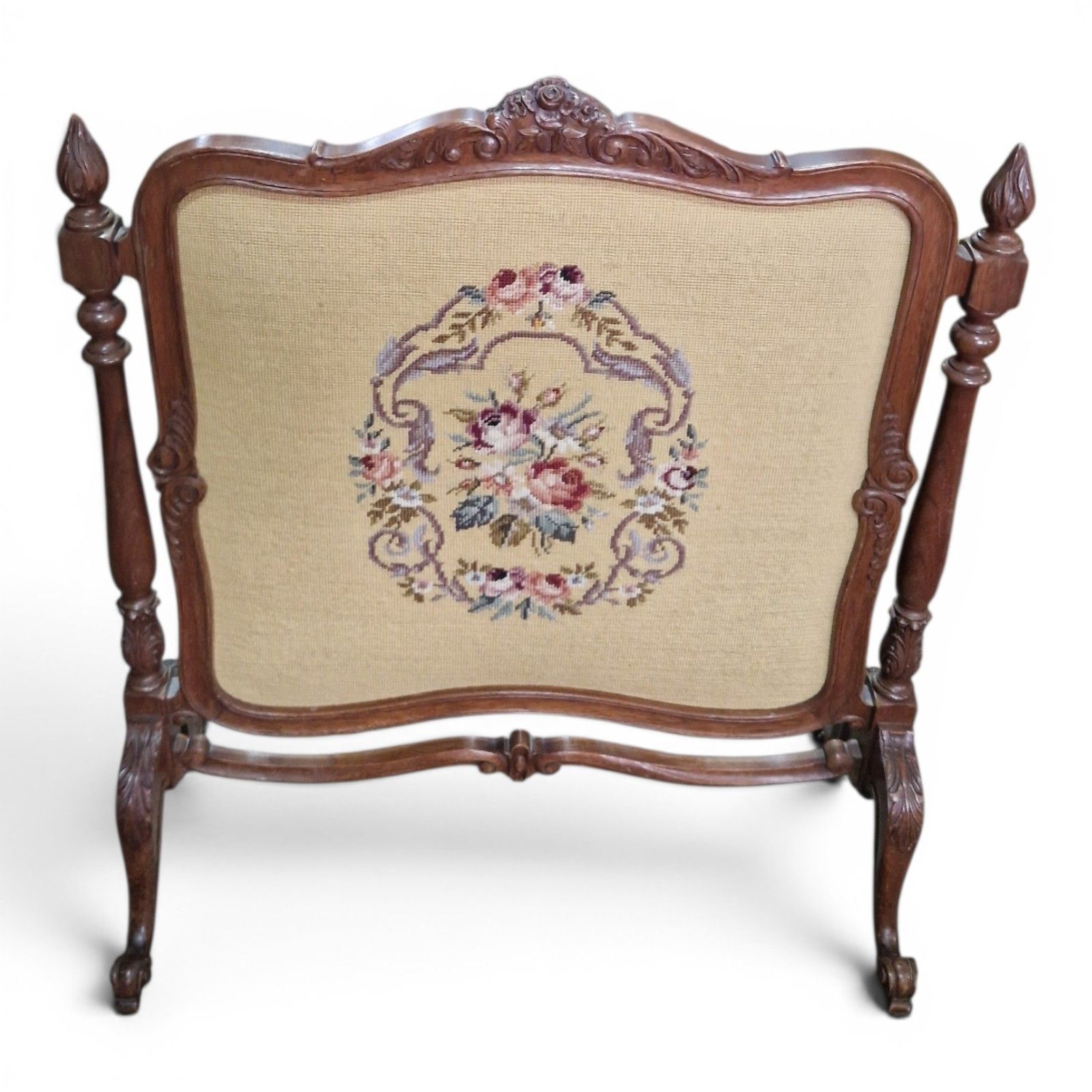 Antique Carved Walnut Firescreen Draught Screen Needlepoint Panel Victorian photo for sale