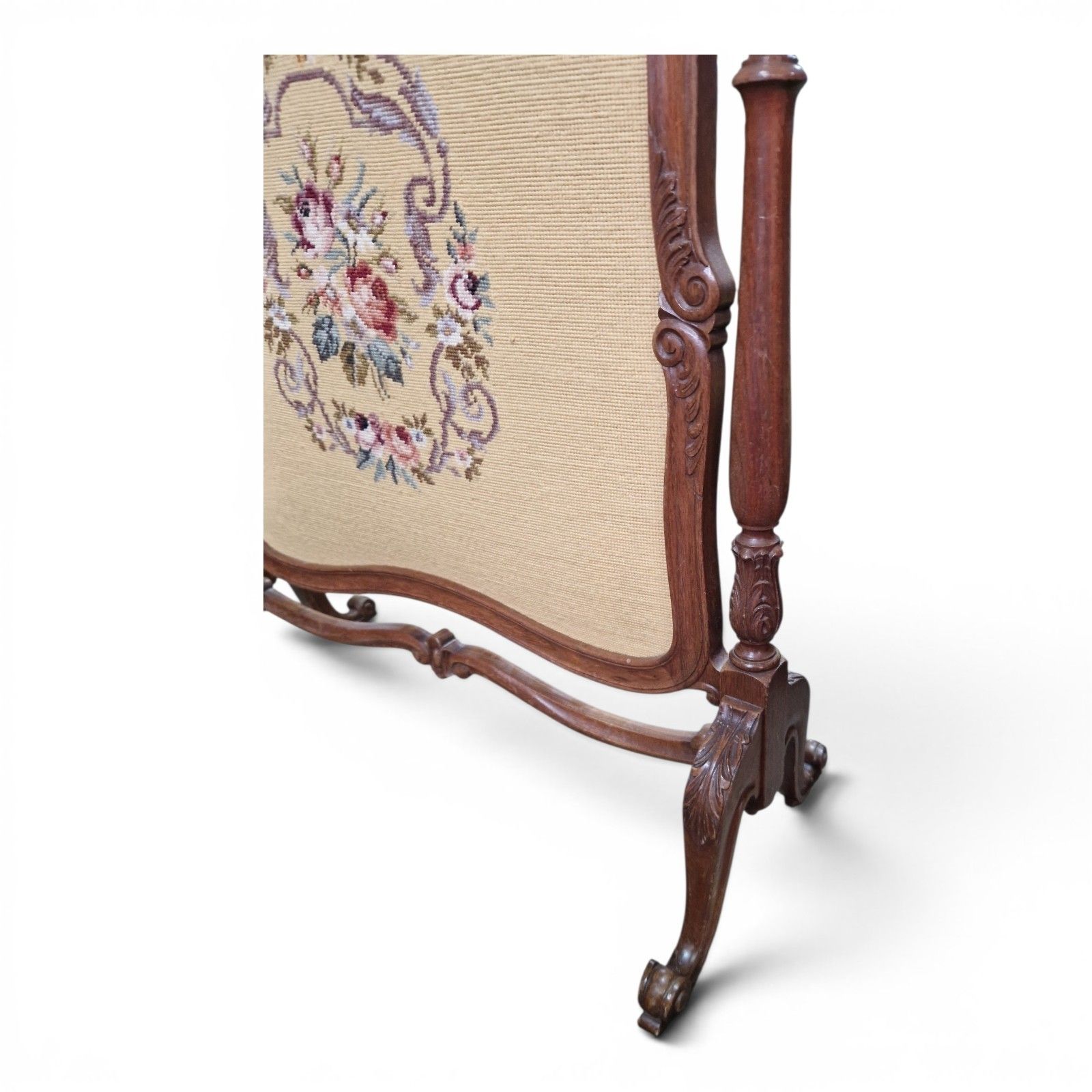 Antique Carved Walnut Firescreen Draught Screen Needlepoint Panel Victorian photo vintage