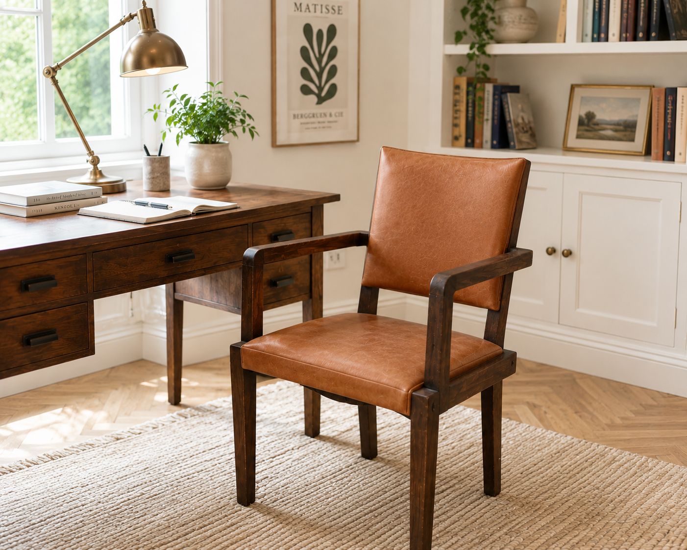 Art Deco Armchair Desk Chair Library Study Chair Tan Vinyl Wooden Arms