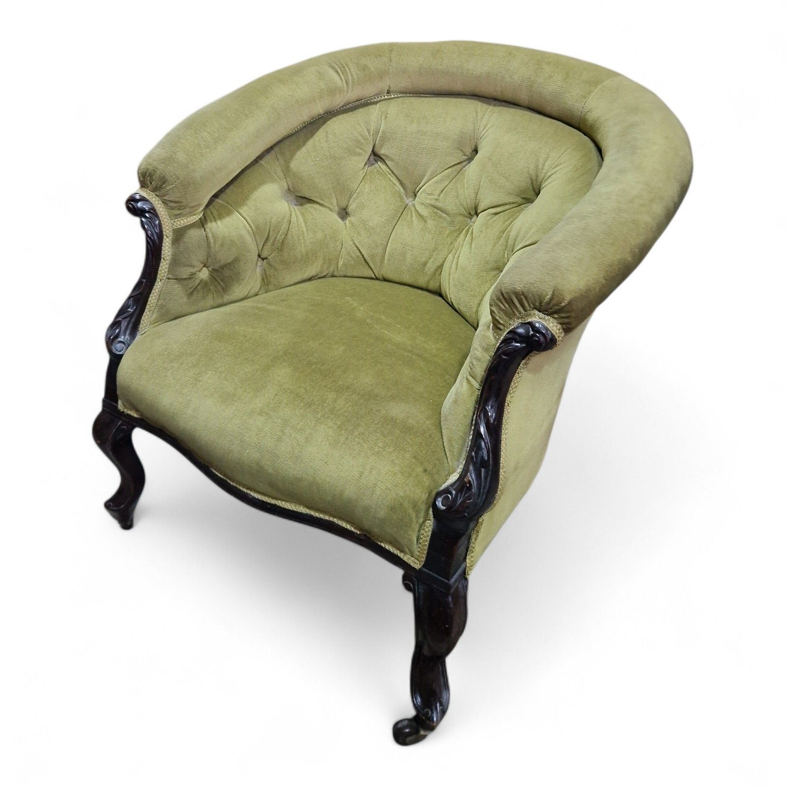 photo buy Antique Victorian Horseshoe Tub Chair Button Back Upholstered Salon Armchair