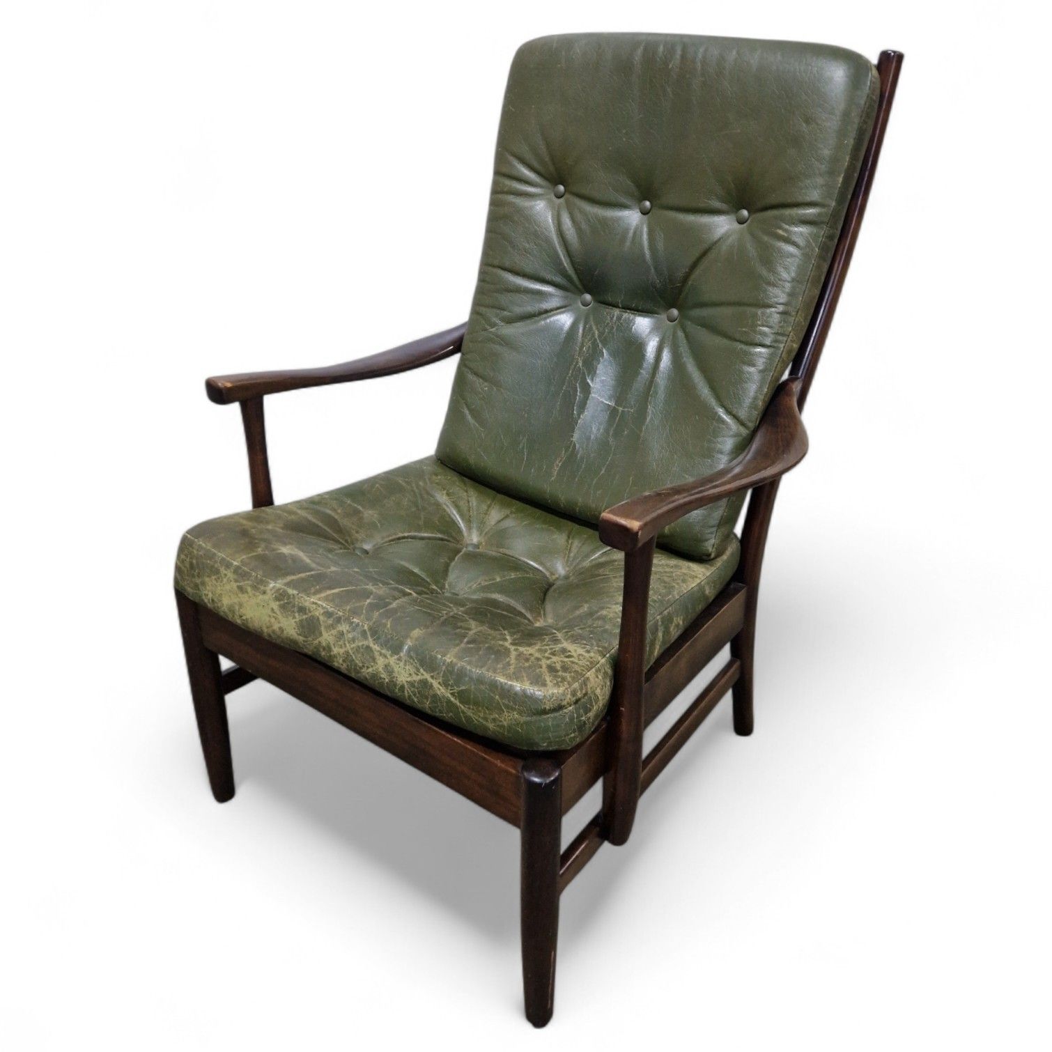 Mid Century Modern Leather Armchair Green Danish Style Retro Lounge Chair photo for sale