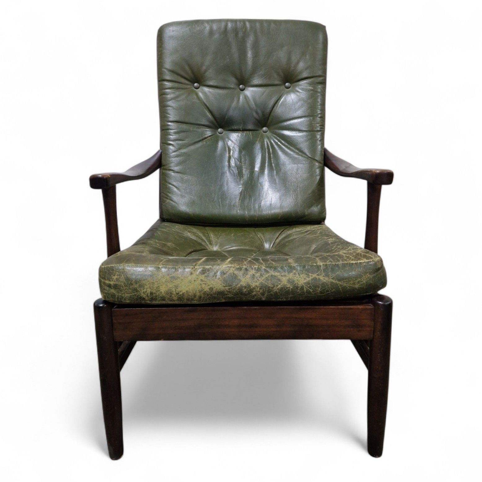 Mid Century Modern Leather Armchair Green Danish Style Retro Lounge Chair photo 220.0