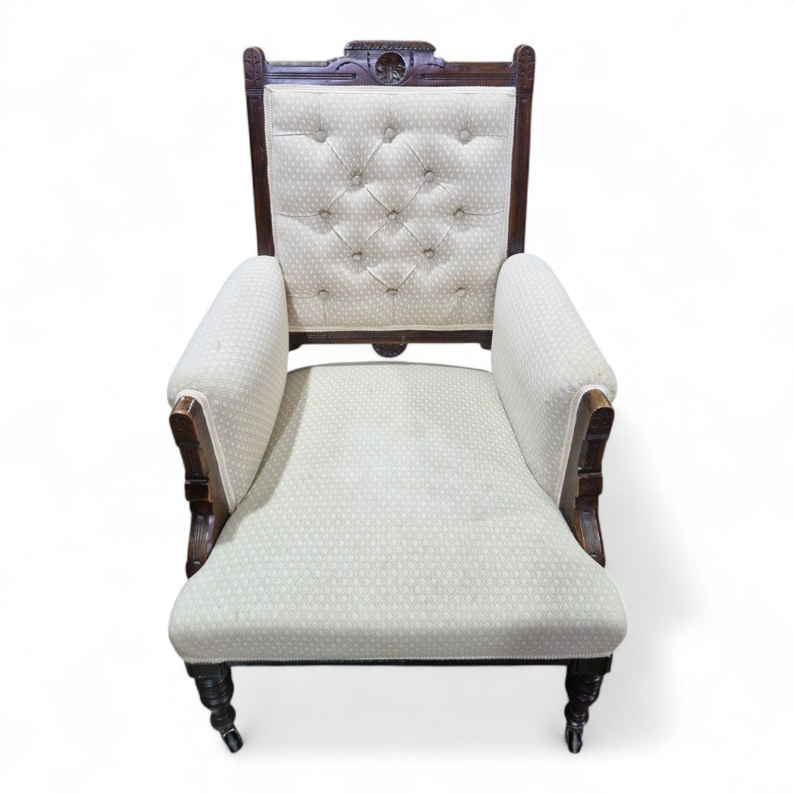 Antique Victorian Button Back Fireside Chair Upholstered Reading Armchair Carved photo vinterior