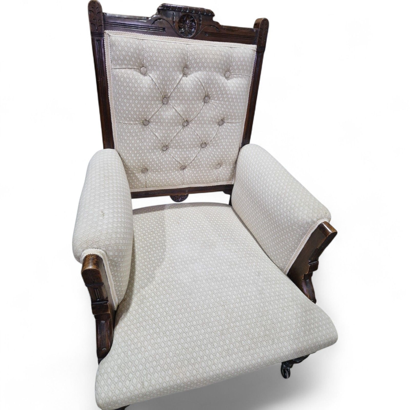 Antique Victorian Button Back Fireside Chair Upholstered Reading Armchair Carved photo vintage